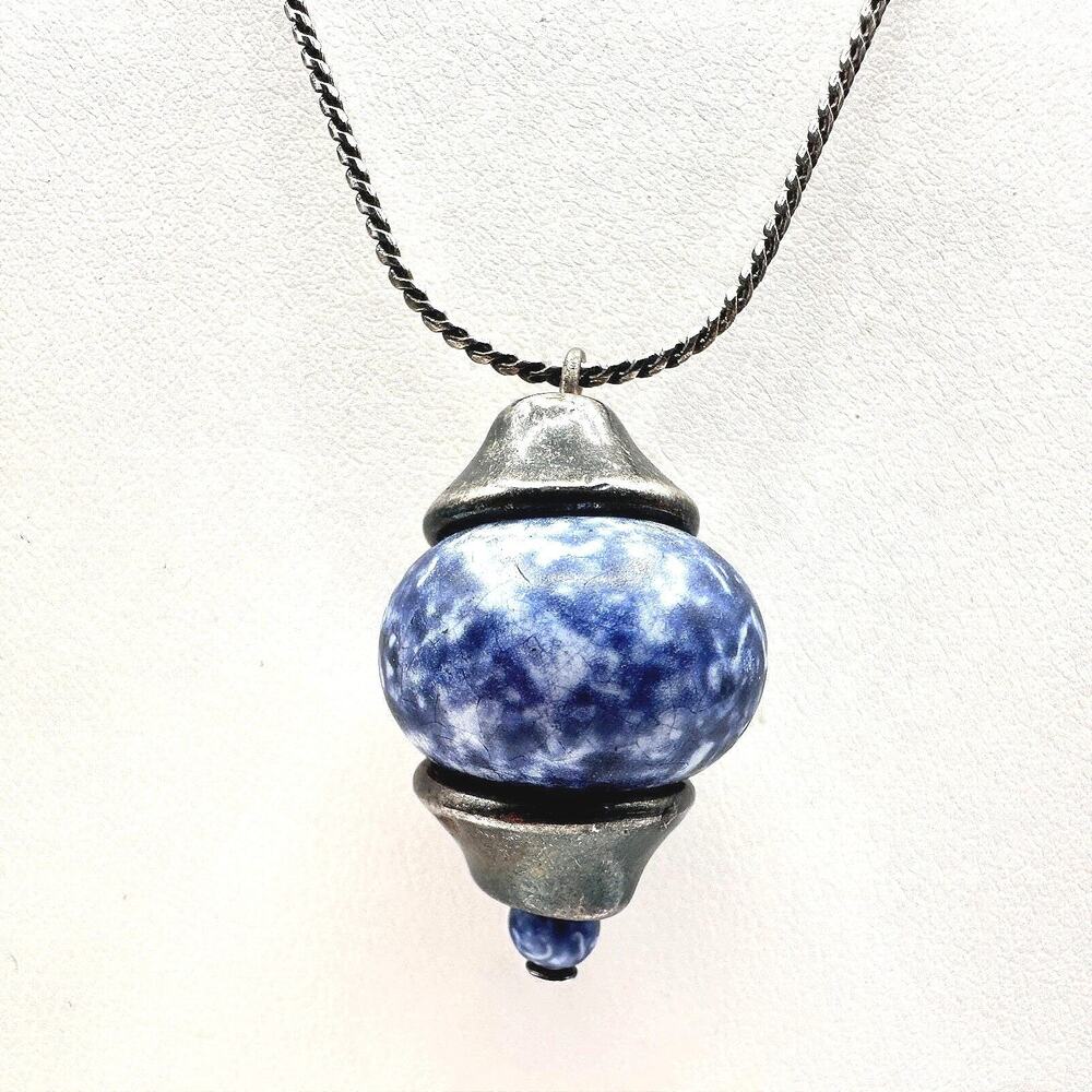 Vintage 90s Blue Sodalite Natural Stone Pendant Necklace Silver Tone Jewelry